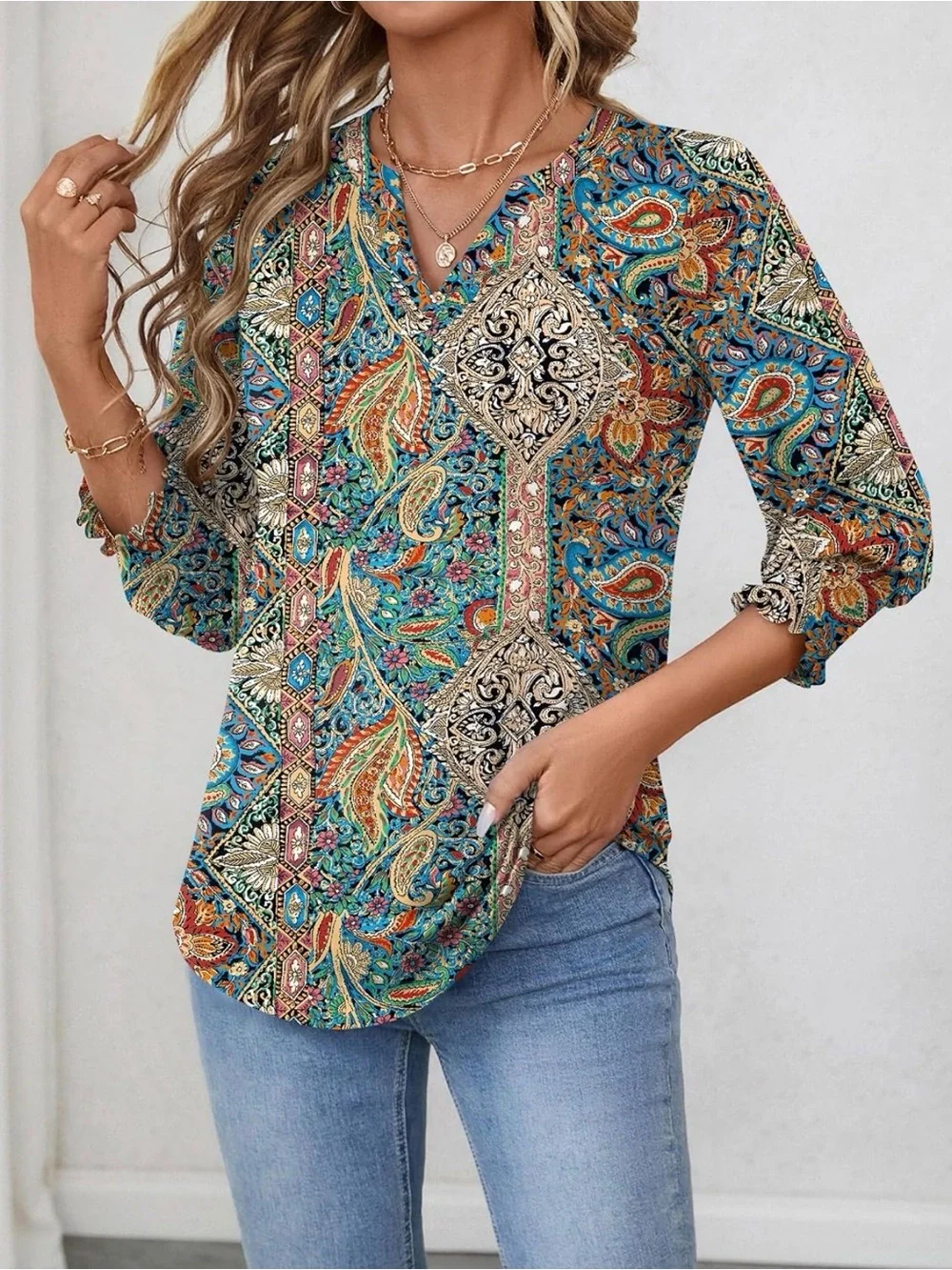 Women’s Paisley V-Neck Blouse in Teal & Rust